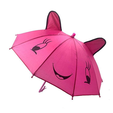 Kids fish-shaped umbrella in pink with cute face print, hooded top, curved handle