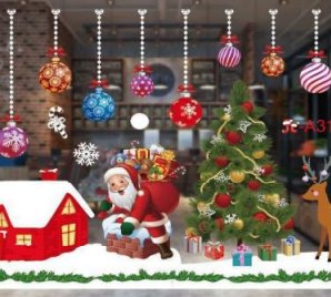 Holiday Christmas window cling PVC featuring hanging ornaments, Santa, red house, and tree
