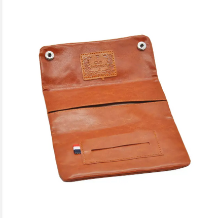 Leatherette tobacco pouch with embossed badge and two silver snaps, orange-brown