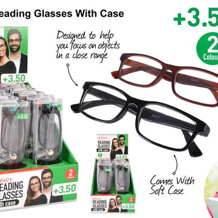 Unisex reading glasses with soft case, +3.50 magnification; black and red frames shown
