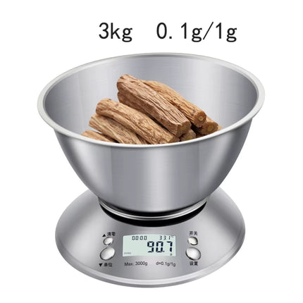 Digital bowl scale with stainless steel bowl holding strips of food, LCD display on