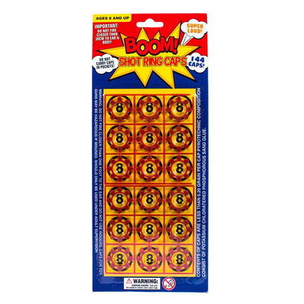 Shot ring caps blister pack with orange round caps marked '8' in rows