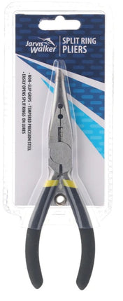 Jarvis Walker split ring pliers with black rubber-grip handles and silver jaws