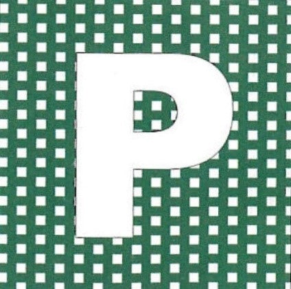 Green perforated backdrop with white letter P on curved plate