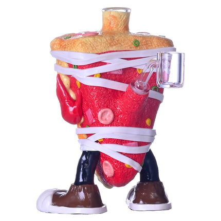 Pizza-themed glass water pipe, side view with clear glass mouthpiece and wrapped body