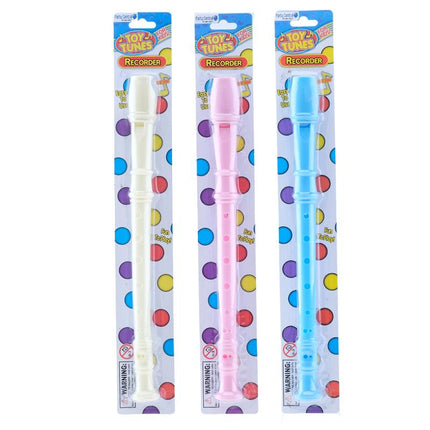 Plastic 8-hole toy recorder, white/pink/blue, in retail blister packaging
