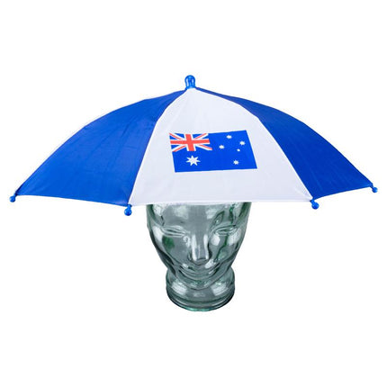 Australian flag umbrella hat with blue side panels and white top, fitted over face