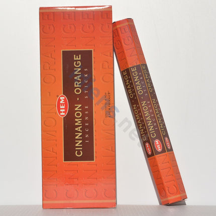 Hem cinnamon orange incense sticks box and angled stick pack, orange packaging