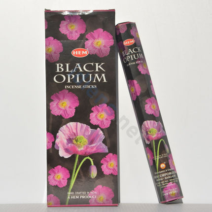 HEM Black Opium incense sticks, hexagonal pack and tall display box with pink flowers