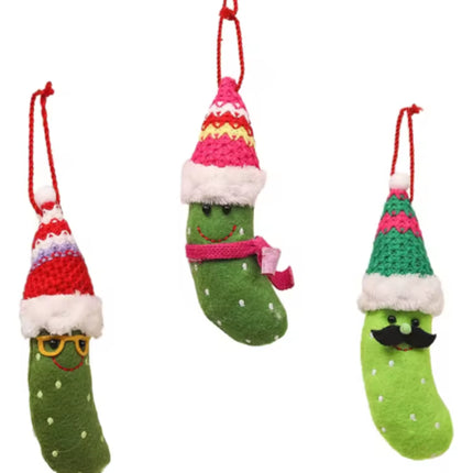 Hanging pickle ornament set: green plush pickle with Santa hat (3)