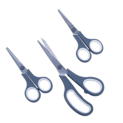 Three scissors with curved blue handles and silver, pointed blades
