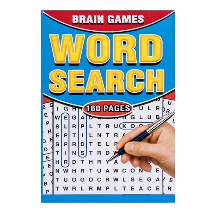 Blue word search puzzle book cover with “Brain Games” and “160 pages”