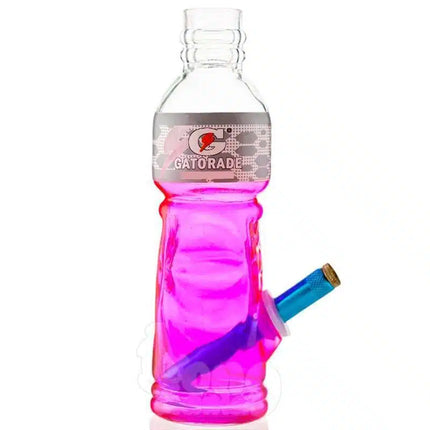 Clear bottle with pink contents, Gatorade label, and blue angled drinking spout