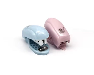 Mini stapler in light blue with metal stapling mechanism, compact handheld design