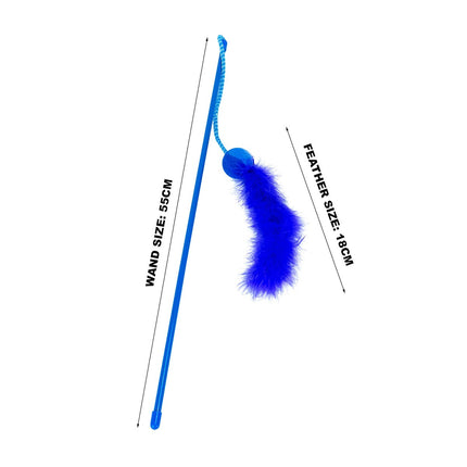 Blue cat wand with long wand stick and hanging blue fuzzy feather