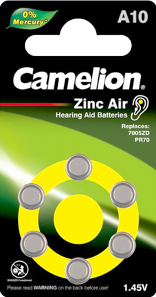 Camelion A10 zinc air hearing aid batteries, 1.45V, blister with six battery icons