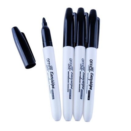 4-pack whiteboard markers with black fine bullet tips, white barrels and dark caps