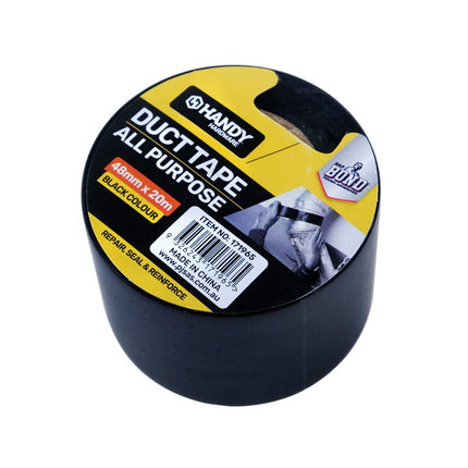 Black duct tape roll with yellow packaging label