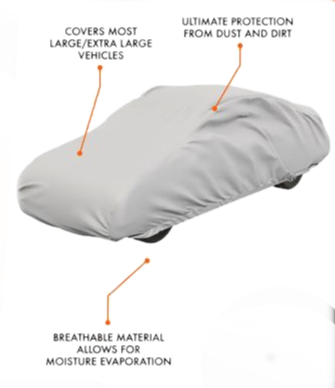 Gray car cover with tie straps; breathable fabric protects from dust and dirt