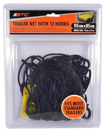 Elastic trailer net with 12 black mesh hooks, in clear blister pack