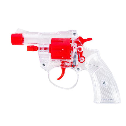Clear and red cap gun toy with trigger handle and barrel, plastic launcher