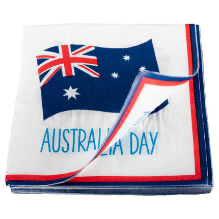 White Australia Day napkins with Australian flag print and blue/red trim, 20-pack
