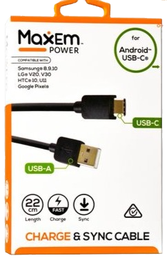 USB-A to USB-C charge and sync cable, 22 cm length