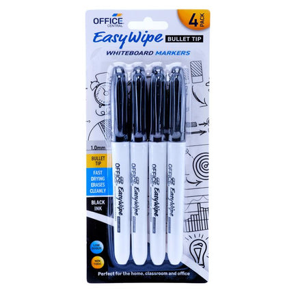4-pack whiteboard markers with fine bullet tip, black ink, in blister card package