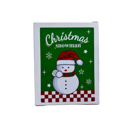Christmas snowman candle gift box front with snowman graphic on green background