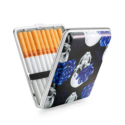 Metal cigarette case open with cigarettes; black-and-blue illustrated skull exterior
