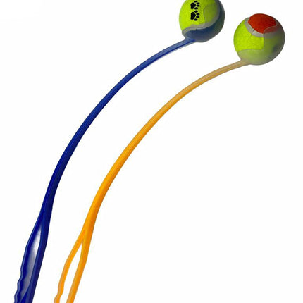 Dog fetch tennis ball launcher with two ball holders, blue and orange arms, green balls