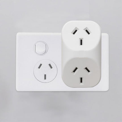 White double power adaptor with two UK-style sockets on wall plate