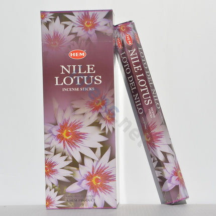 Nile Lotus incense sticks box and side sleeve, purple floral pattern, HEM logo