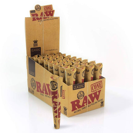 RAW Classic rolling paper cones in cardboard box with individual brown cone tubes.