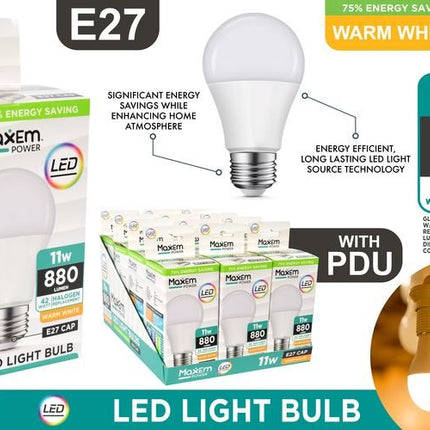 Warm white 11W E27 LED bulb retail box with bulb graphic and 880 lumen info