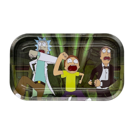 Large metal rolling tray with dark artwork of three cartoon men and green stripes