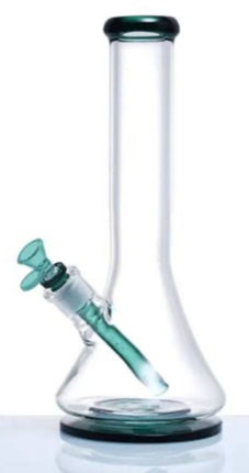 Tall clear glass water pipe bong with teal downstem and dark base ring