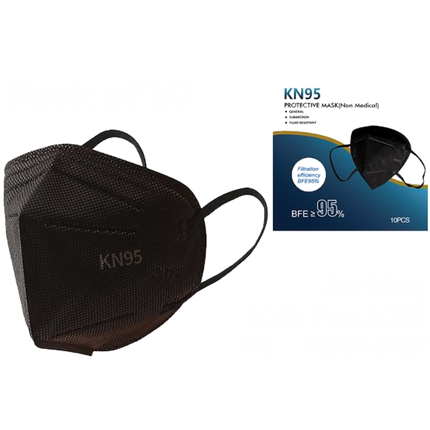 Black KN95 protective respirator face masks, 10-pack with ear loops