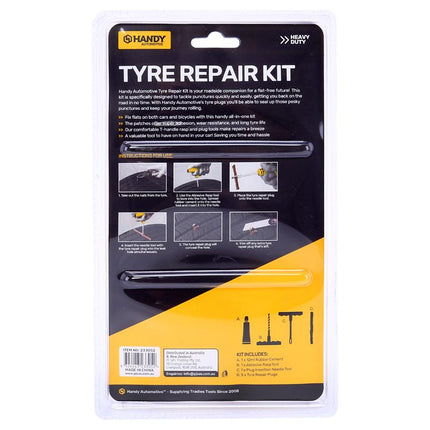 Tyre repair kit package back with included 8pc parts and usage instructions, HANDY