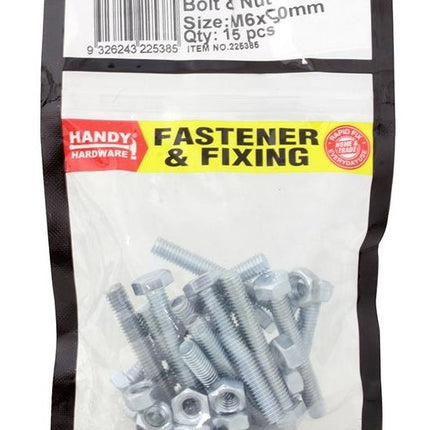 M6 x 50mm bolt set, 12 fasteners with nuts, in retail bag