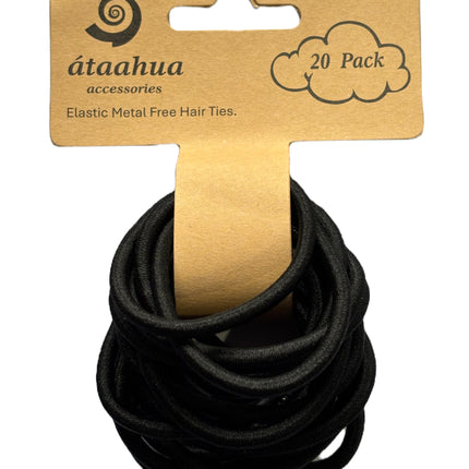 Thick black metal-free elastic hair ties, 20-pack on hanging cardboard card