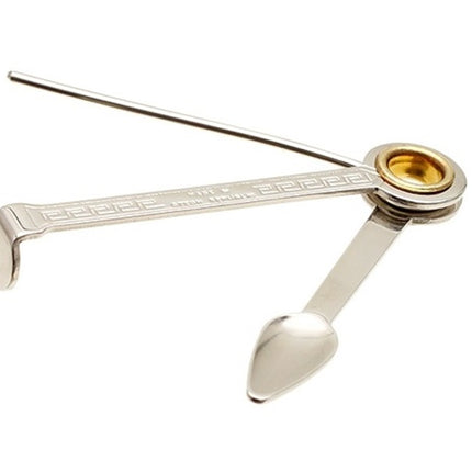 Metal tobacco pipe tool with fork tamper and spoon scoop, gold-tone ring