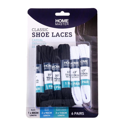 Shoe laces 6-pack in black and white, packaged with Home Master branding