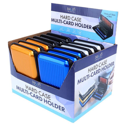 Aluminum card wallet multipack in blue, black, and orange cases, shown in retail box