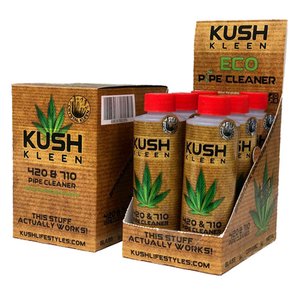 Kush Kleen eco pipe cleaner six-pack in brown cardboard boxes with green leaf graphics