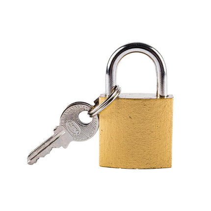 Brass padlock with chrome U-shackle and metal keys