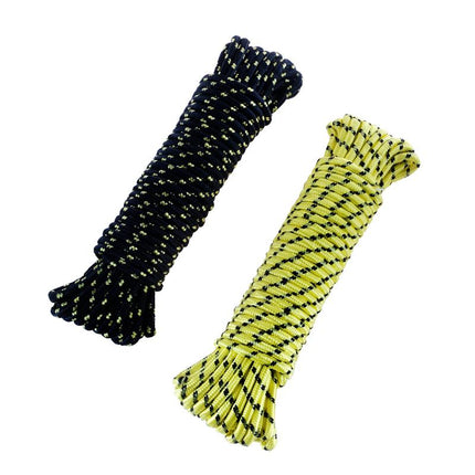 Diamond-braided poly rope coils, dark navy and neon yellow with black fleck pattern