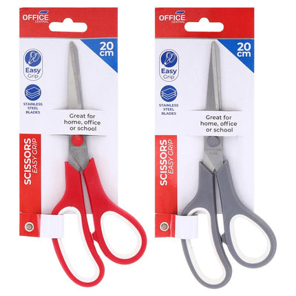 20cm Easy Grip stainless scissors, red handles, pointed blades