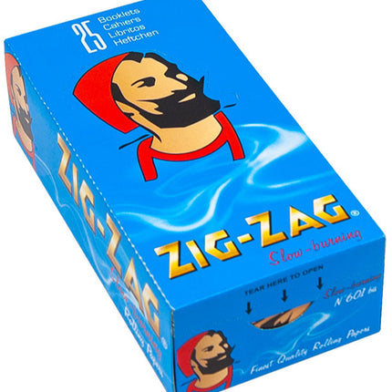 Blue Zig-Zag rolling papers box with illustrated man and Zig-Zag Slow-burning text.