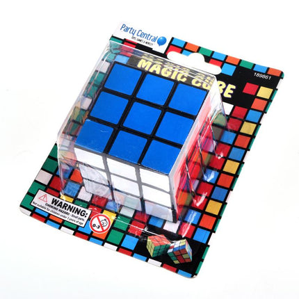 Cube puzzle in clear blister packaging on colorful checkered card backing